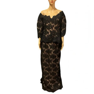 Incredible Vintage Rose Taft 1950s
Style Black Lace + Silk Taffeta nude 
Gown